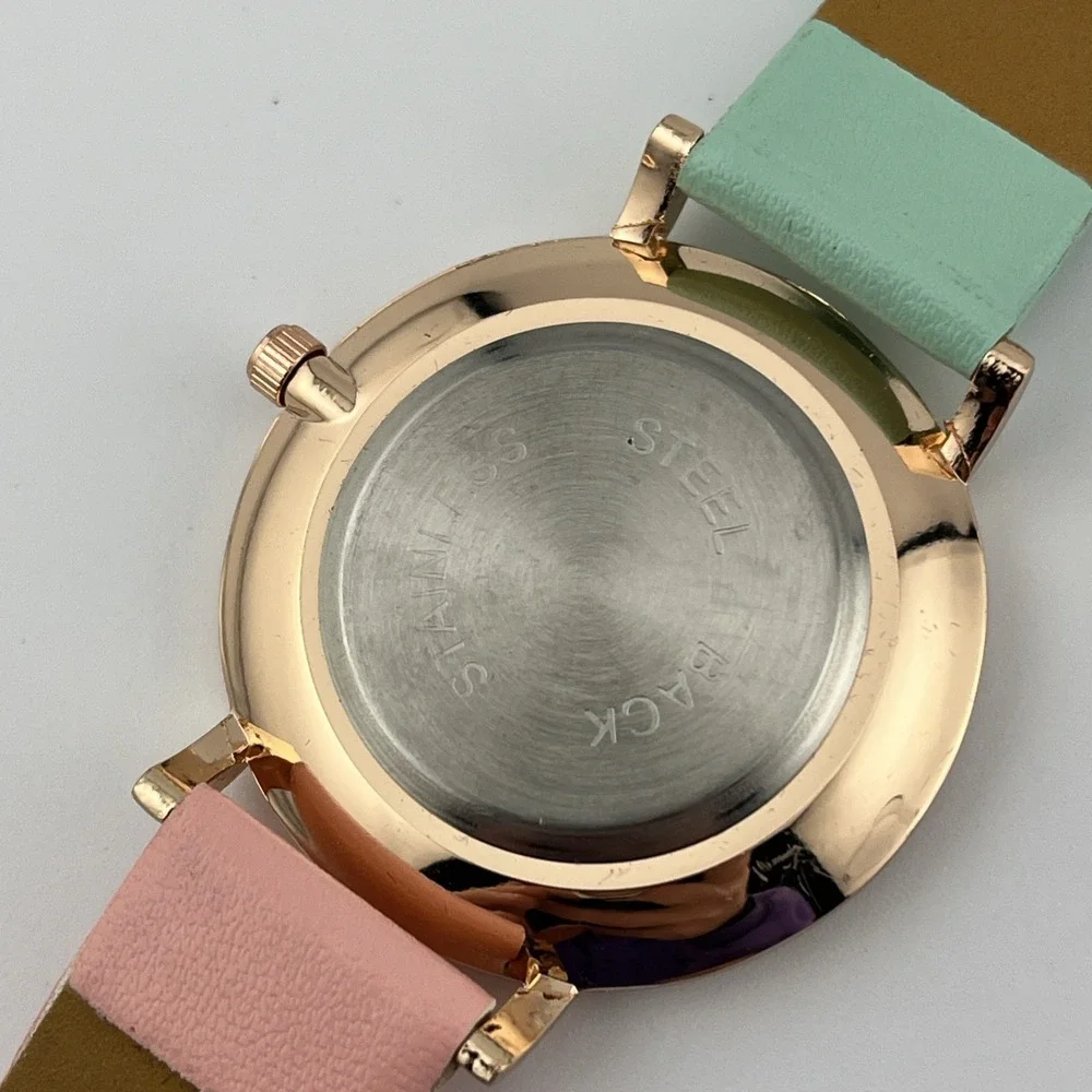 Oktime Watch Women 39mm Rose Gold Cae Pink & Green Band- New Battery‎